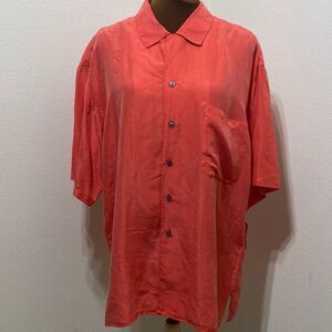 Perry Ellis 100% Silk Shirt Orange Short Sleeve Collared Button Down Men Large
